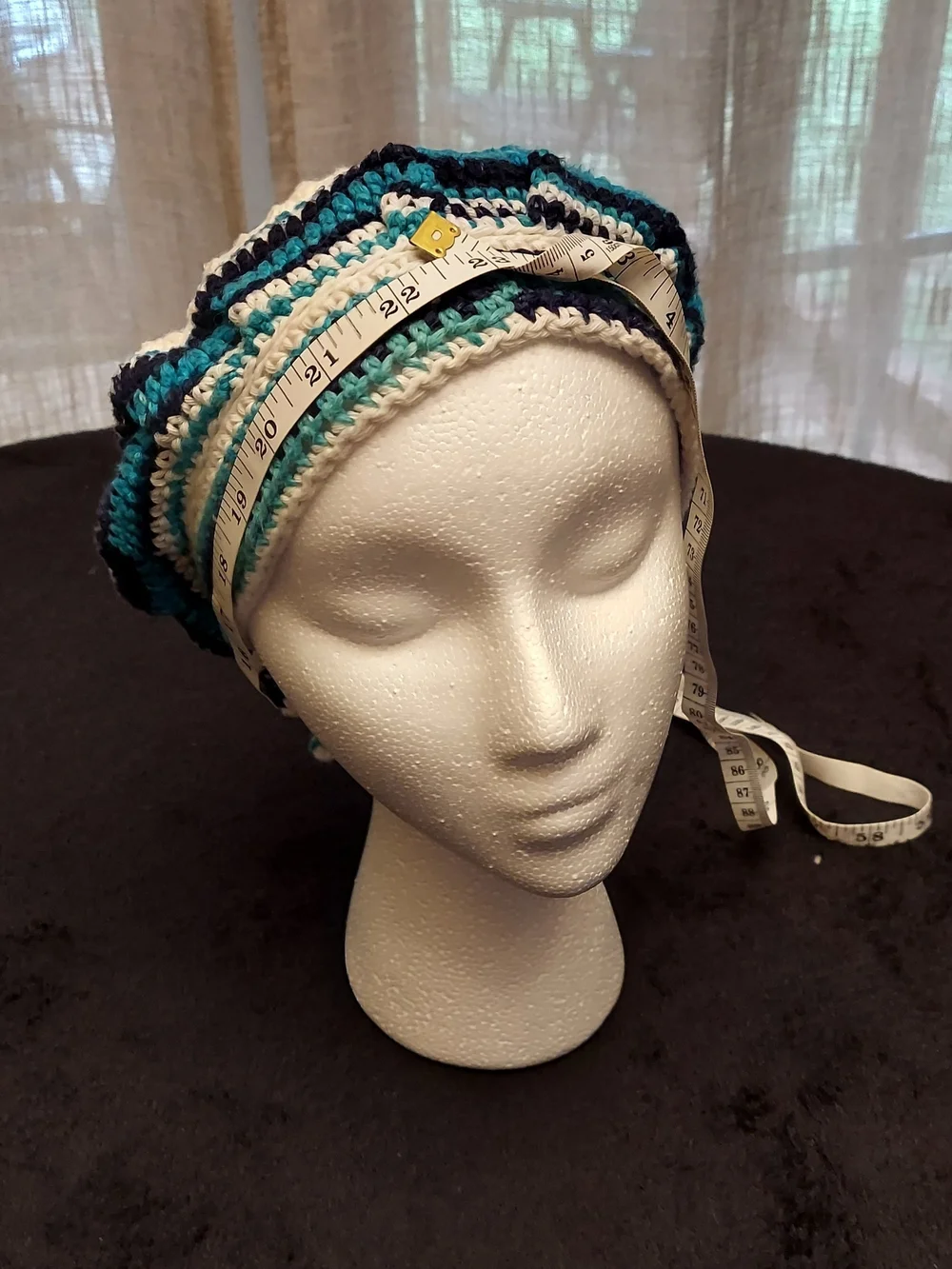 Striped Crochet Bonnet Style Hat/Scrub Cap/Hair Covering in Blue, Teal & White